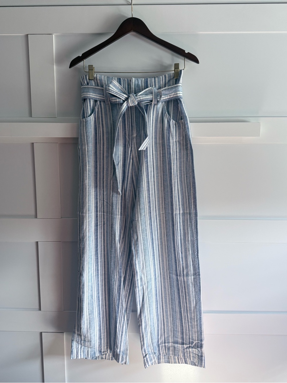 GAP Blue & White Striped Wide-Leg Linen Pants with Tie